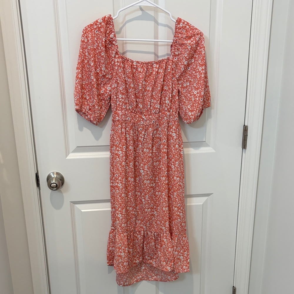 Floral Puff Sleeve Dress in Orange